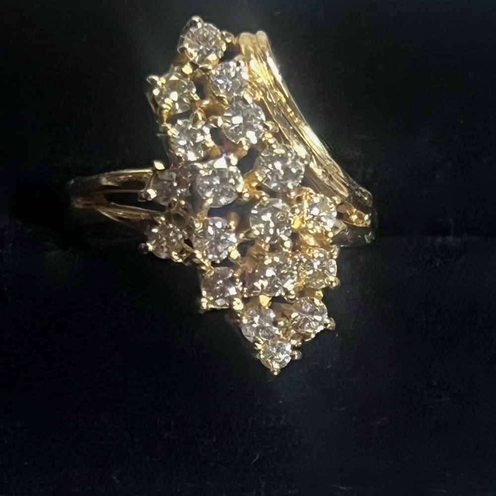 Vintage 14k yellow gold diamond waterfall cluster ring
